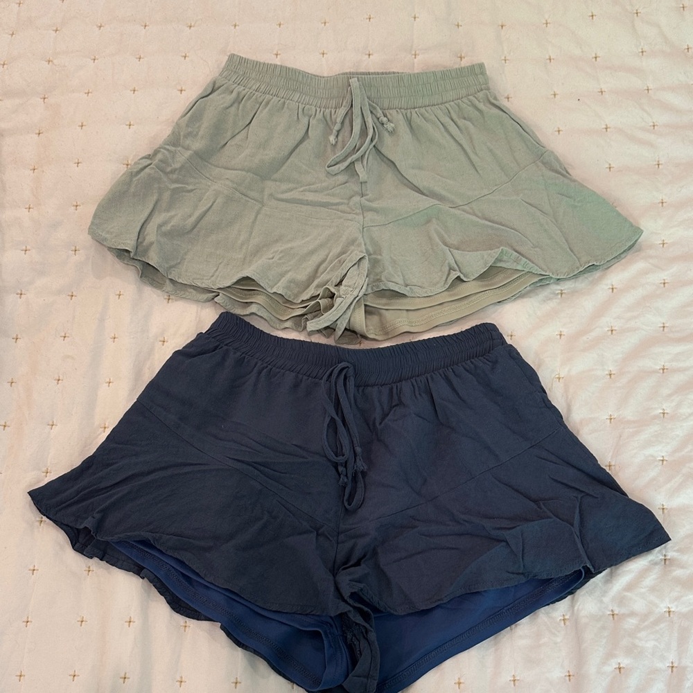 Altar'd State Sage Green & Navy Ruffle Drawstring Shorts